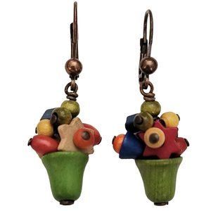 Czech Wood Star Bell Bead Dangle Lever Back Dangle Earrings E130